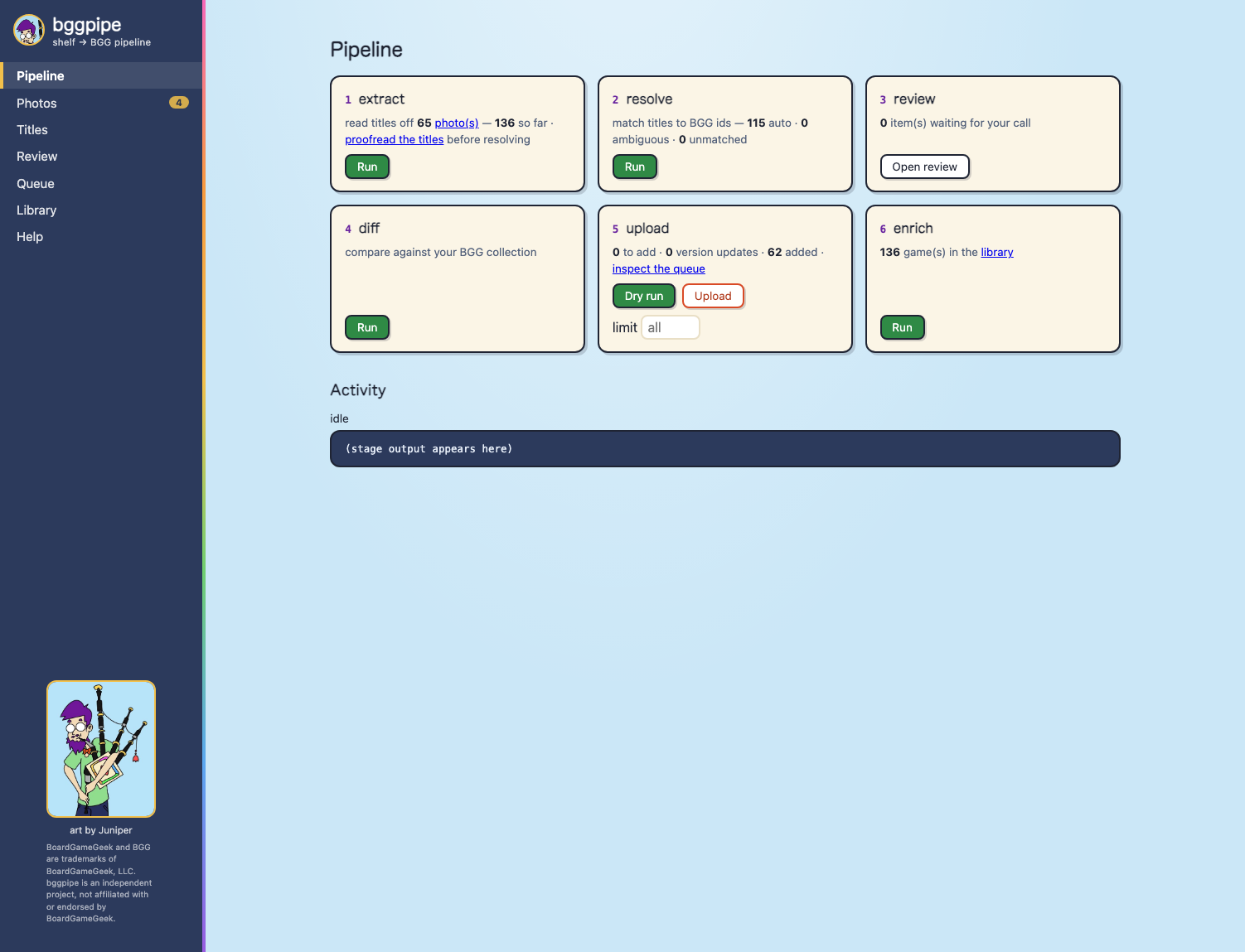 Pipeline dashboard: six stage cards with live counts and Run buttons, showing a completed pipeline — 136 titles extracted, 115 resolved, 62 games added, 136 in the library