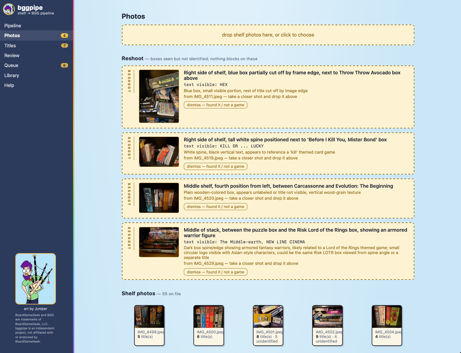 Photos page: drag-and-drop upload zone, reshoot tickets with photo thumbnails and shelf-location descriptions, and the gallery of all shelf photos with per-photo title counts