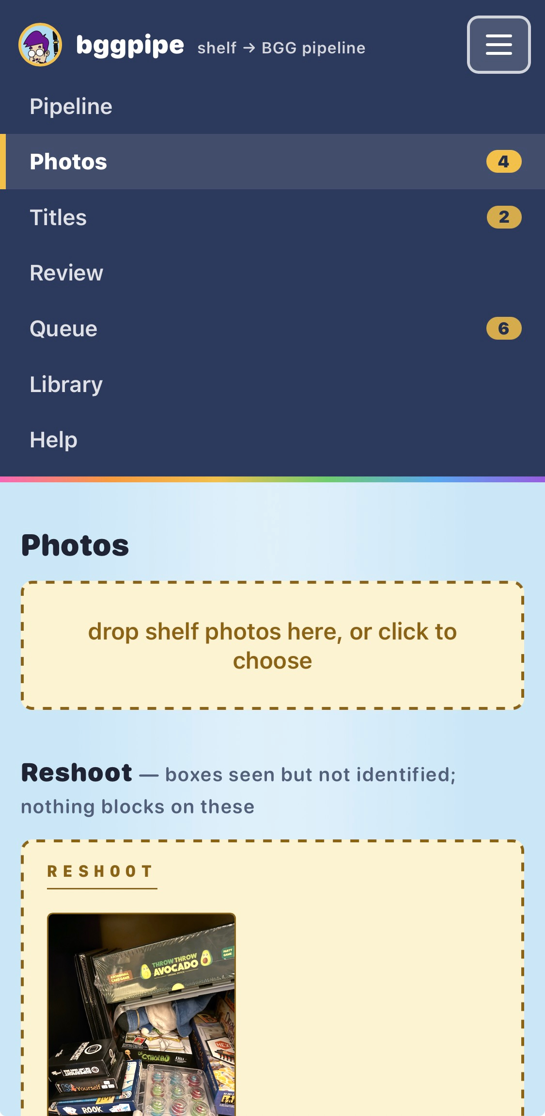 Phone view: the hamburger menu open over the Photos page, showing all seven pages with attention badges