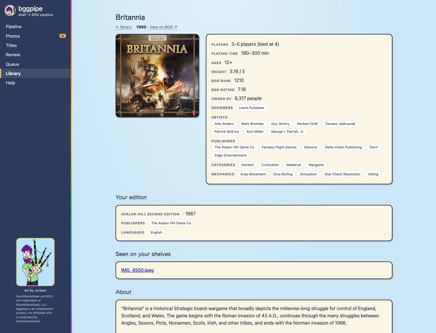 Game detail page for Britannia: box art beside player counts, playing time, weight, rank, designers and mechanics as chips, with a Your Edition card naming the owned printing