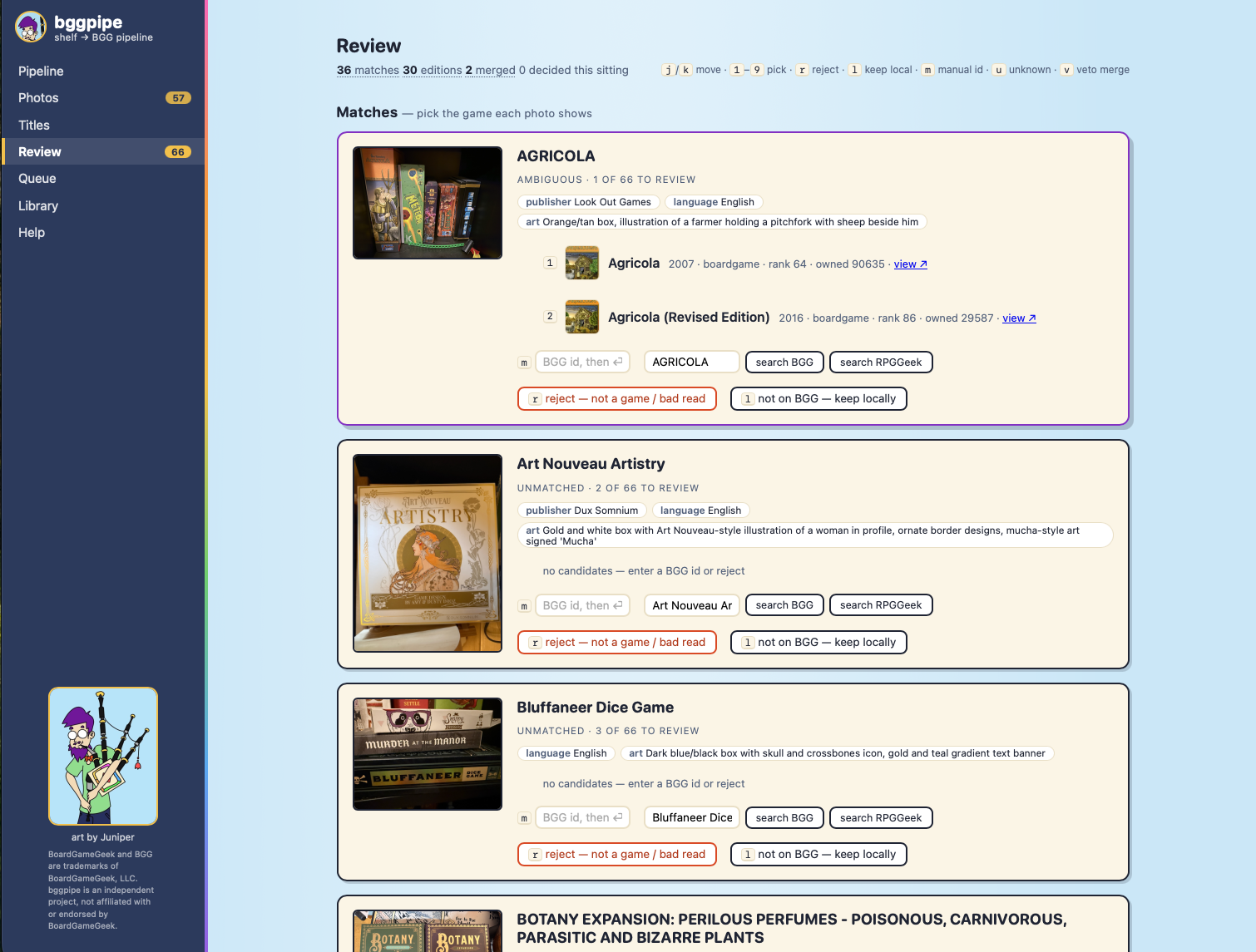 Review page with live match ballots: Agricola showing two candidate editions with thumbnails, ranks and owner counts, and unmatched titles offering manual id entry and search BGG / search RPGGeek buttons