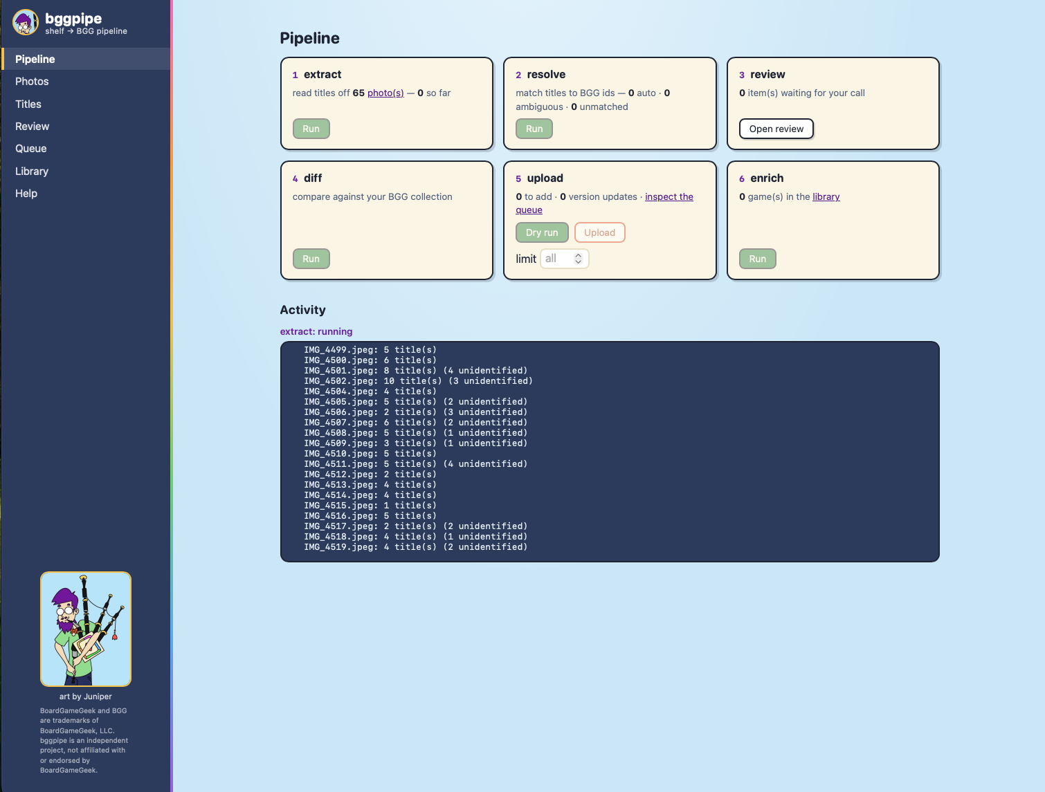 The Pipeline page mid-extract: stage cards above a live activity log listing each photo and how many titles it yielded