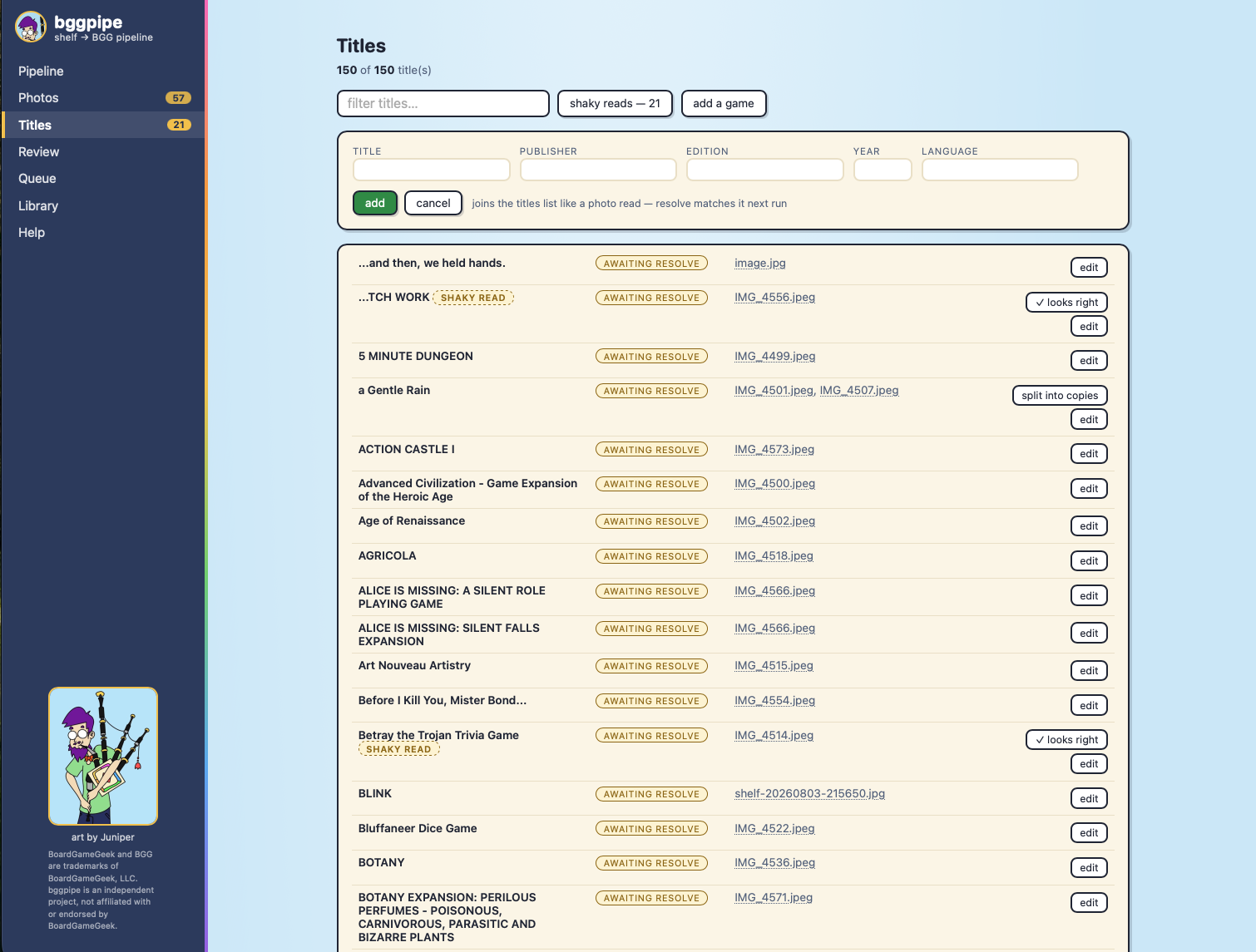 Titles page: 150 title reads with status chips and source photo links, shaky-read badges with one-click confirm, split-into-copies and edit actions, and the add-a-game panel open