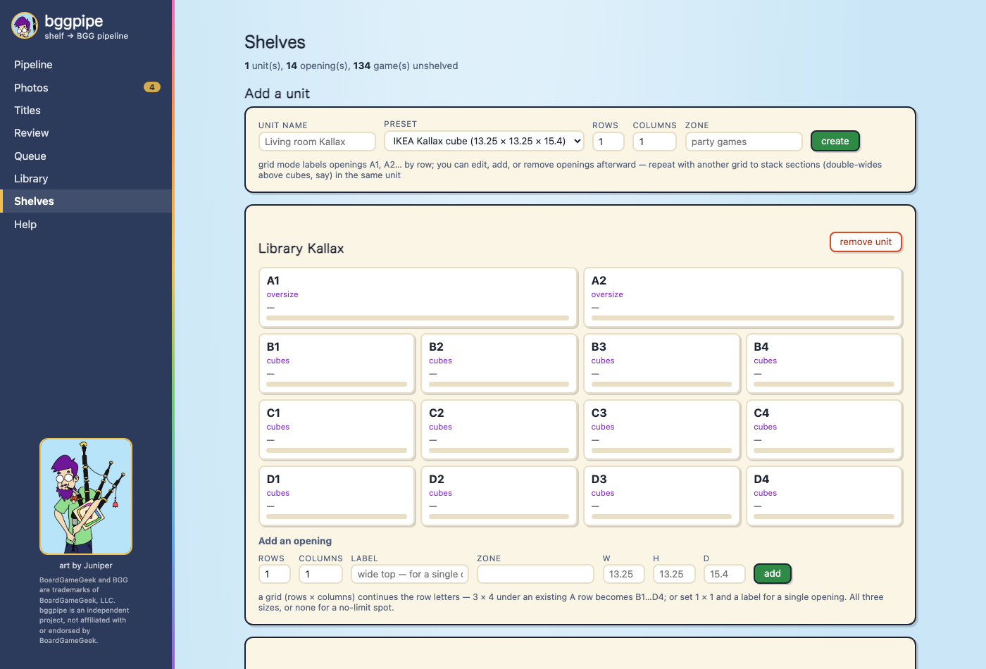 Shelves page: the add-a-unit form with presets above a Library Kallax unit drawn as its real arrangement — two double-wide openings spanning the top, three rows of four cubes beneath, each with zone label and fill bar