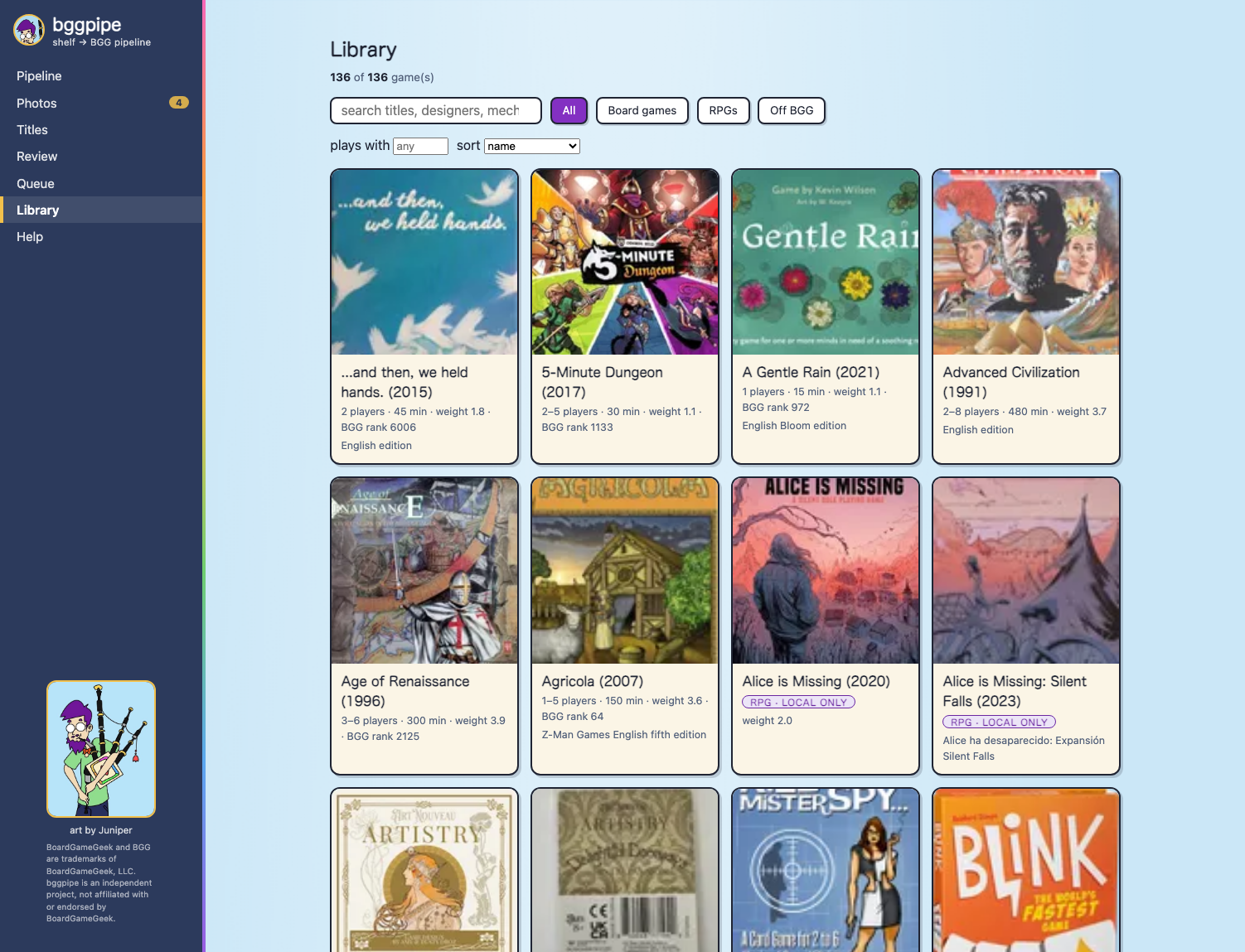 Library page filled with 136 games as art cards — search, kind filters, player-count filter and sort controls above; RPG entries carry local-only chips