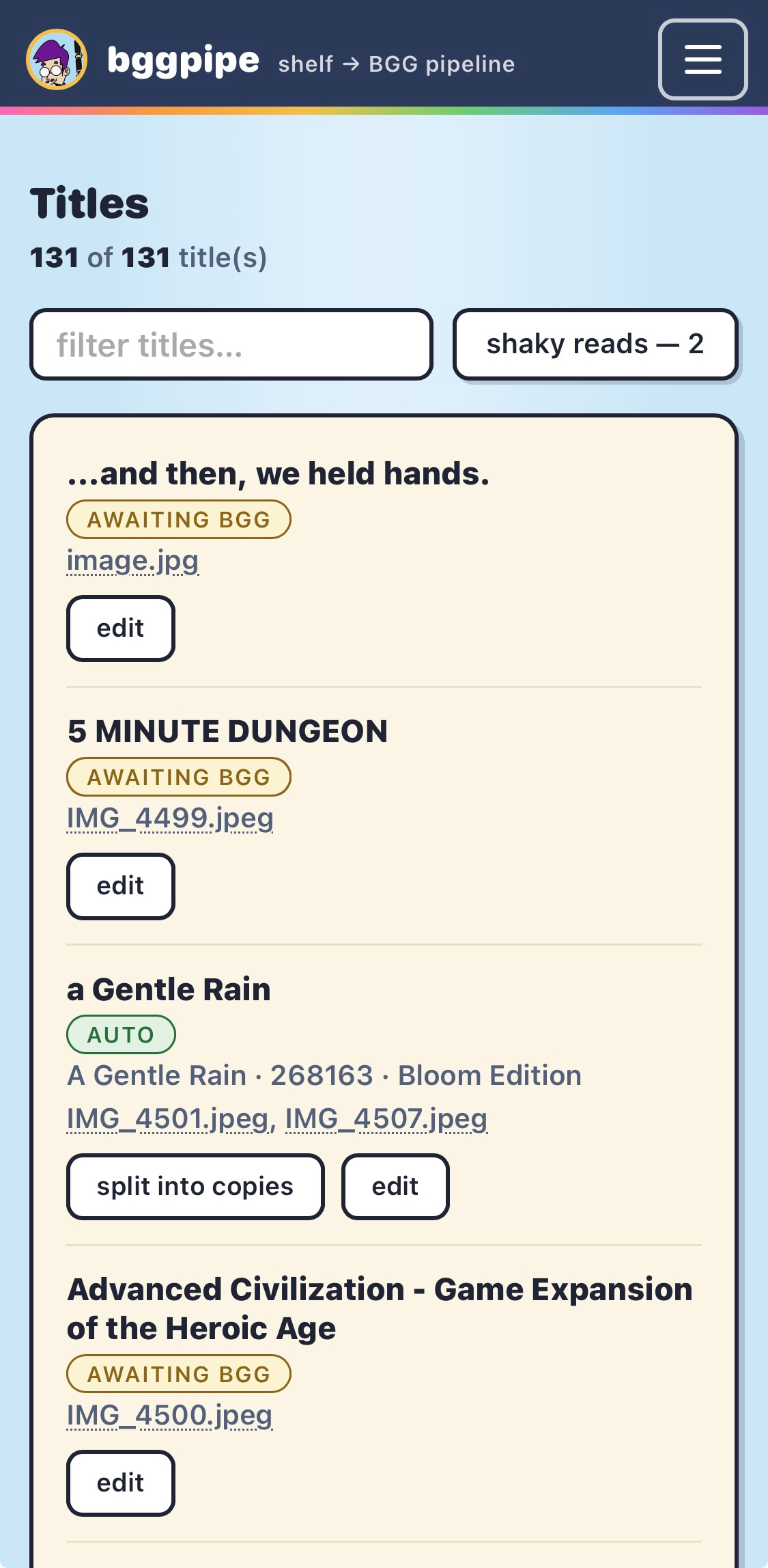 Phone view: the Titles page as stacked cards with status chips, edit and split buttons, and the shaky-reads filter