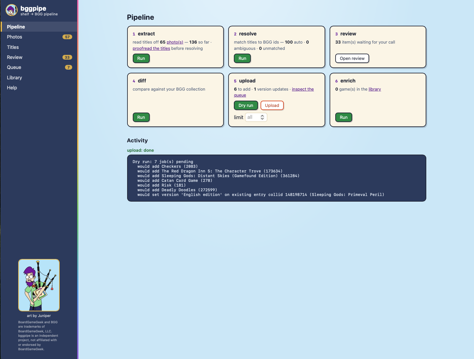 A dry run's output: seven pending jobs listed as "would add" lines with BGG ids, and one "would set version" line naming the exact collection entry