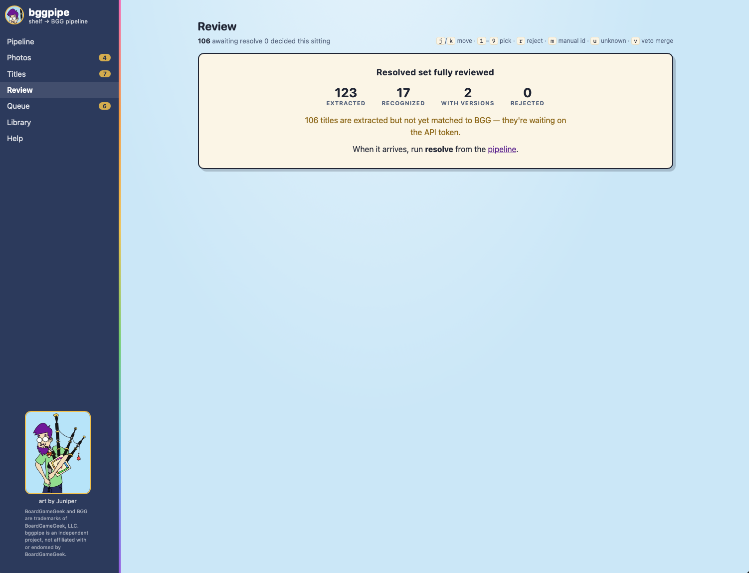Review page in its done state: 123 extracted, 17 recognized, 2 with versions, 0 rejected, with 106 titles waiting on the BGG API token