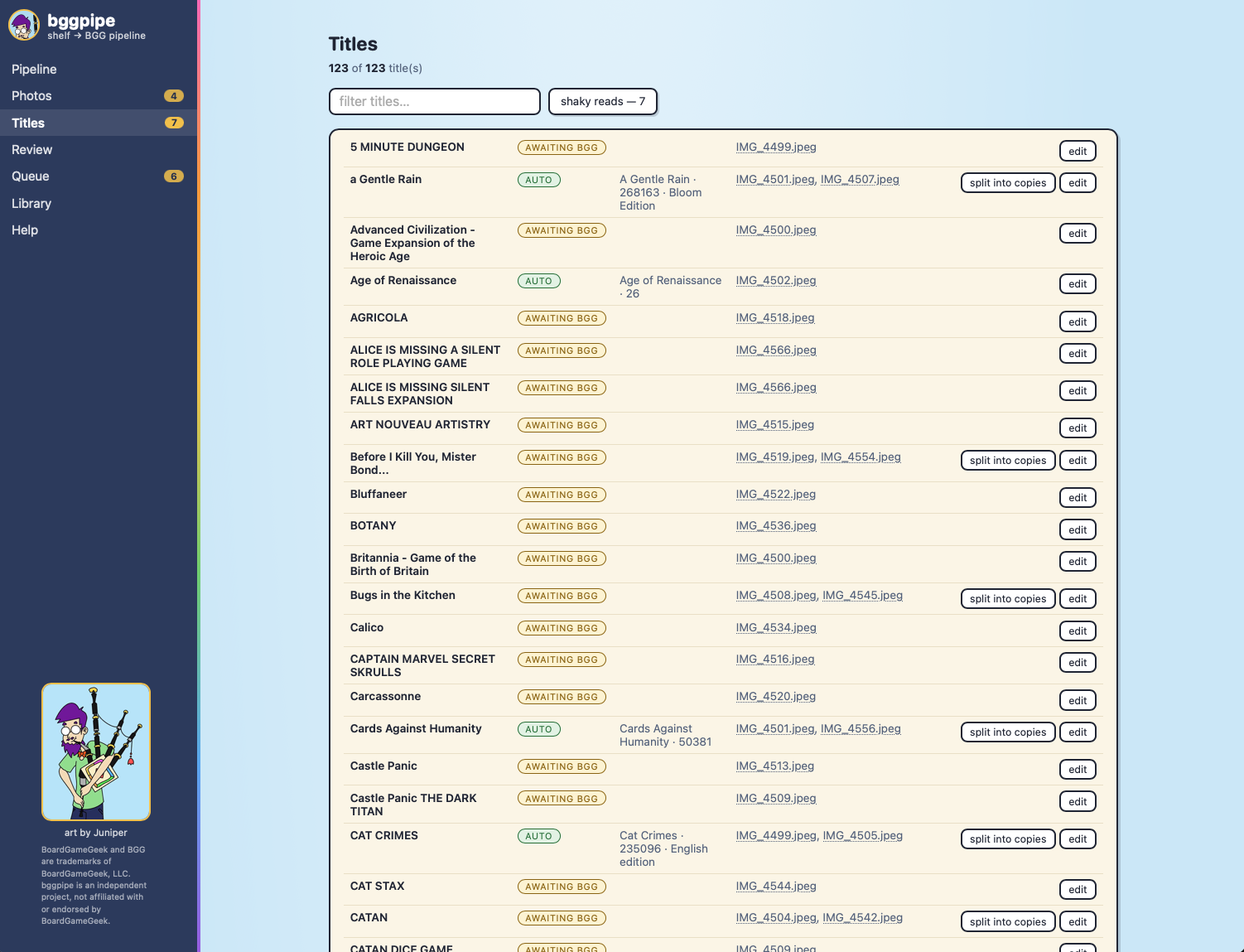 Titles page: 123 extracted titles with AUTO / AWAITING BGG status chips, source photo links, edit and split-into-copies actions, and a shaky-reads filter
