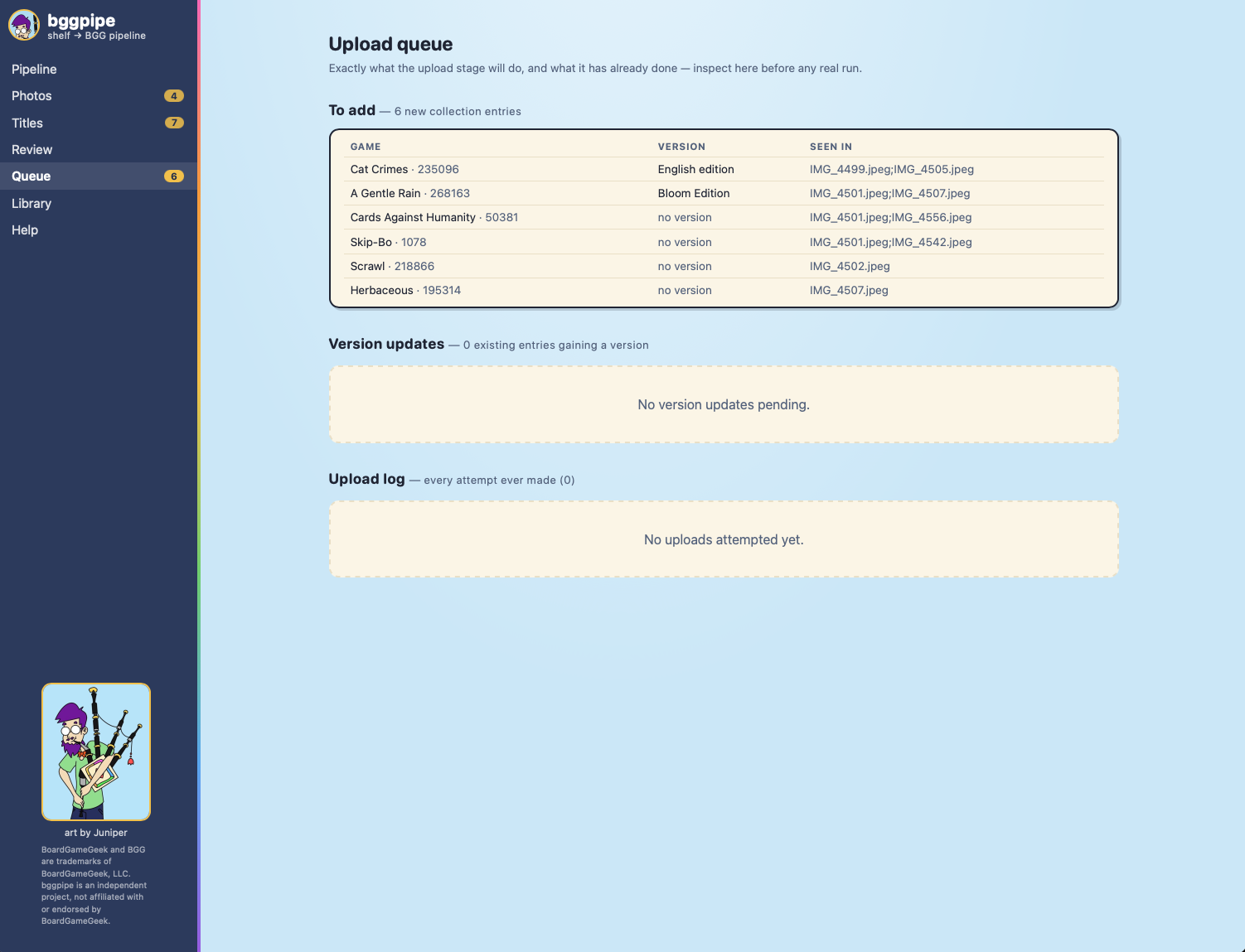 Upload queue: six new collection entries with game, version, and source photos, plus empty version-updates and upload-log sections