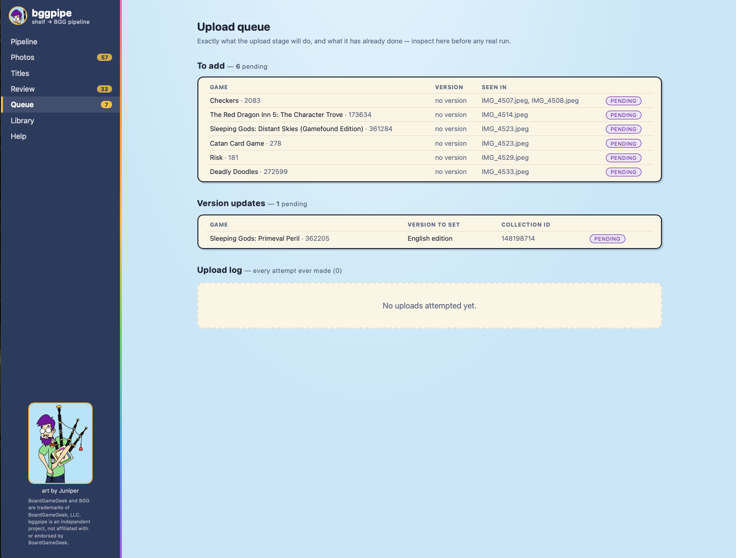 Upload queue: six pending collection adds with BGG ids and source photos, one pending version update with its collection id, and the empty upload log