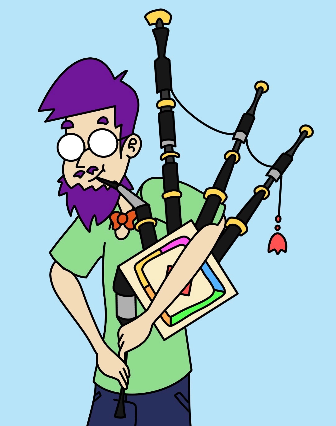 the bggpipe piper — a bagpiper whose bag is a board game box