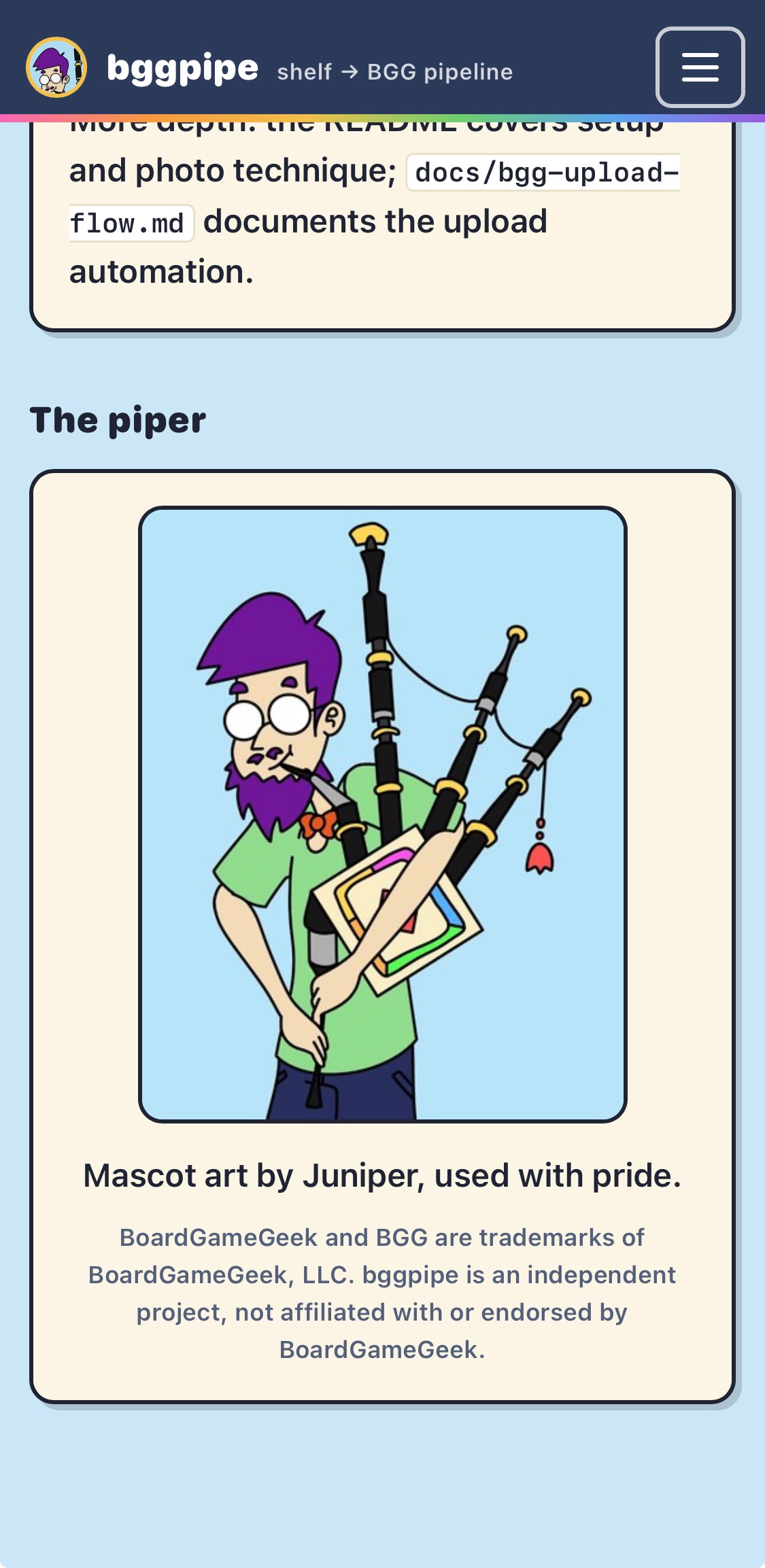 Phone view: the Help page's credits card with Juniper's full piper artwork and the BGG trademark attribution