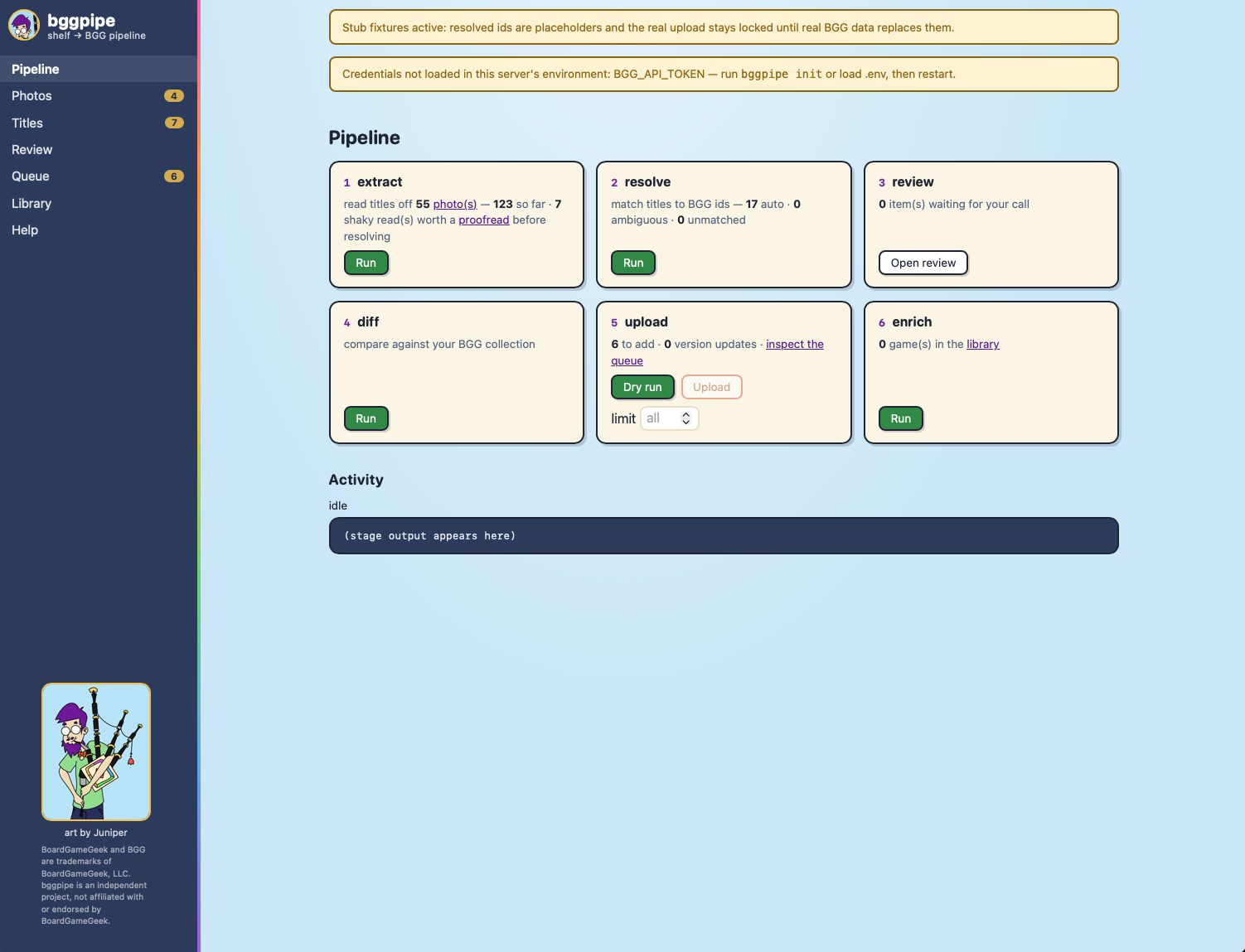 Pipeline dashboard: six stage cards with live counts, Run buttons, and warning banners for the missing BGG token and the stub-data upload lock