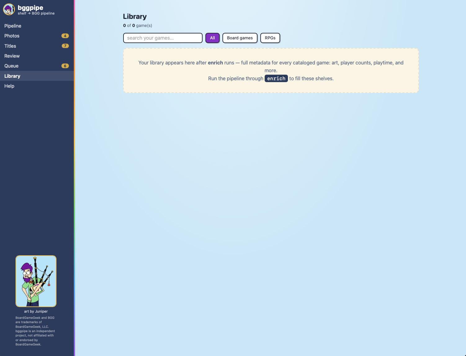 Library page empty state with search and Board games / RPGs filters, explaining that the library fills after the enrich stage runs