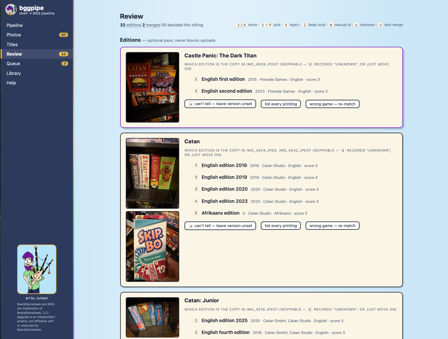 Editions review pass: Castle Panic and Catan cards, each listing that game's published editions with years, publishers and cue scores, plus can't-tell / list-every-printing / wrong-game actions