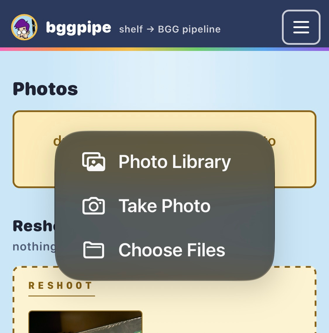 Phone view: tapping the photo drop zone offers iOS's Photo Library / Take Photo / Choose Files sheet