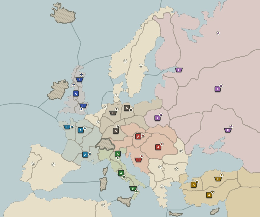 Dip's map of Europe at the opening: the seven powers' armies and fleets on their home centers, each power's lands in its color.