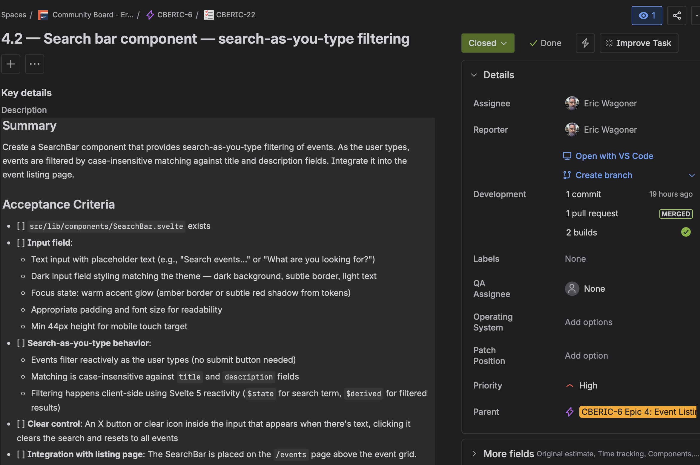 Jira ticket CBERIC-22 showing the SearchBar component spec: acceptance criteria with file paths, styling requirements, keyboard behavior, and a Technical Context section with code references and cross-ticket dependencies. Story Points: 2.