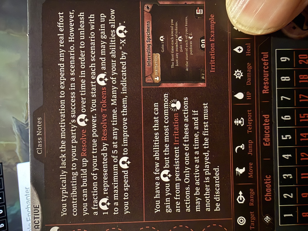 A boxed game character mat headed 'Class Notes' in cream text on dark maroon. The notes explain building up Resolve tokens and playing persistent Irritation actions, with a small inset card labeled 'Interesting Specimens.' A row of ability icons across the bottom reads Target, Range, Move, Jump, Teleport, HP, Damage, and Heal, above three trait words: Chaotic, Educated, and Resourceful.