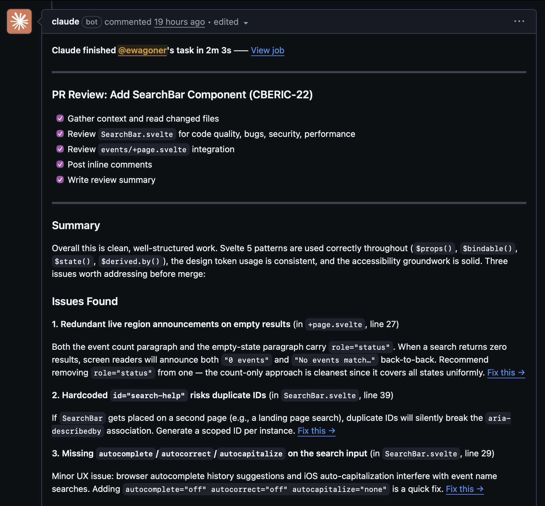 Claude's automated PR review on the SearchBar component, showing three issues found with specific line numbers: redundant live region announcements, hardcoded IDs risking duplicates, and missing autocomplete attributes. Each issue has a "Fix this" link.