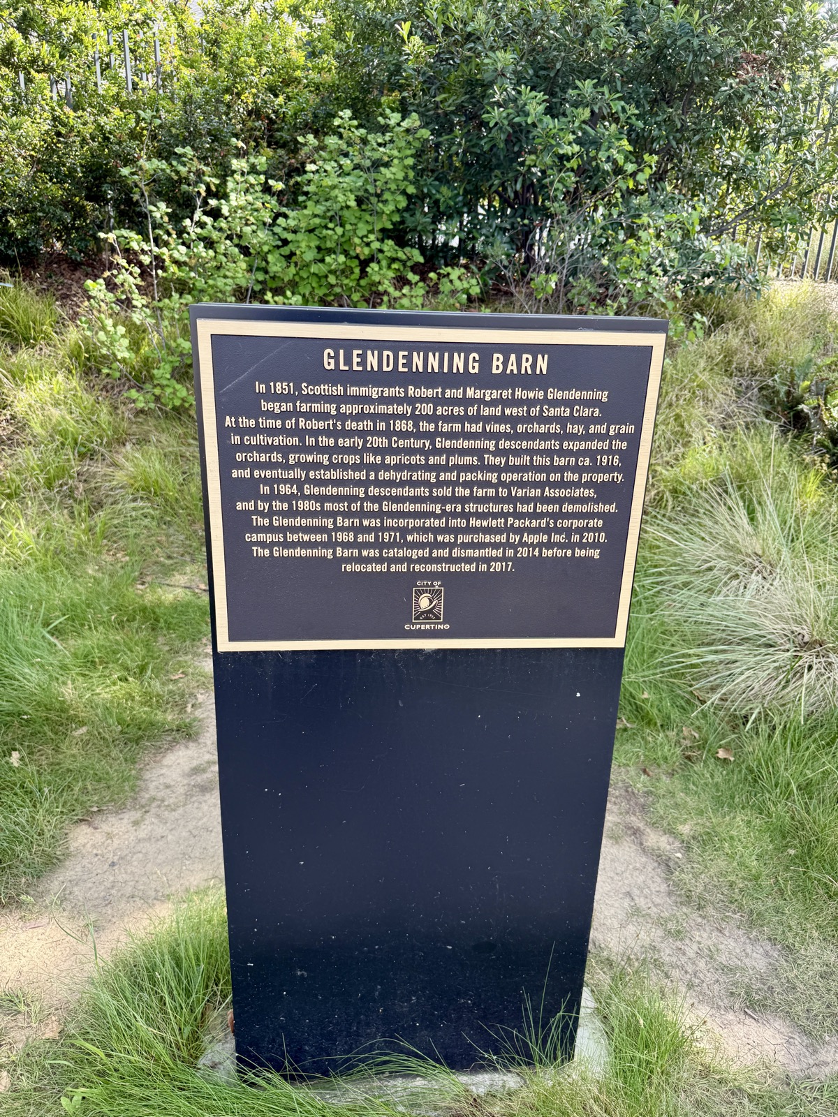 A black metal pedestal sign with a gold border and gold lettering, set in tall grass before a wall of green shrubs. The upper half is a dense block of readable text headed "Glendenning Barn"; below it is the City of Cupertino seal. The lower half of the pedestal is blank.