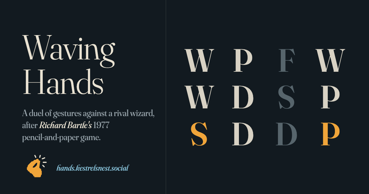 The Waving Hands share card: a column of gesture letters beside the title.