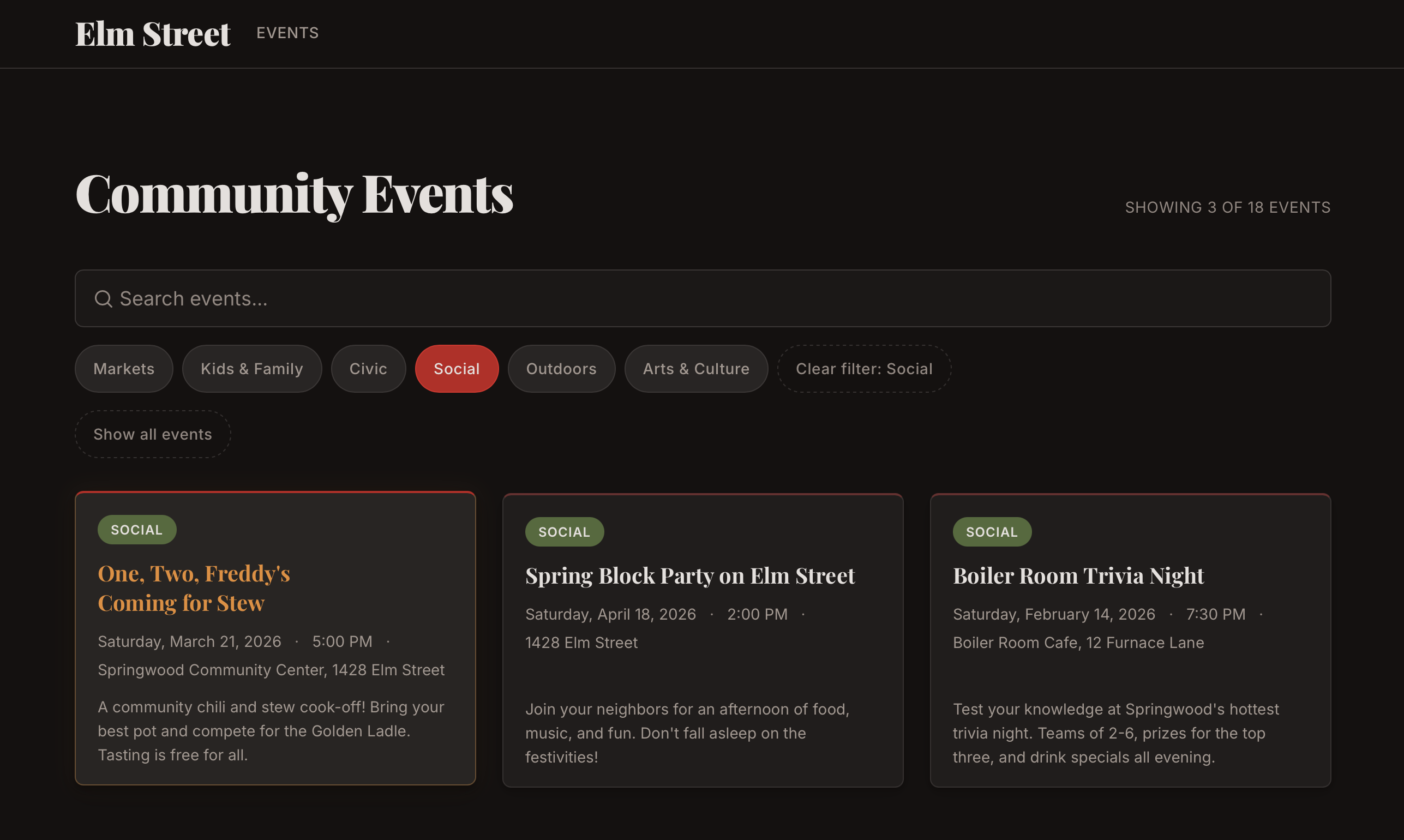 The Community Events page with the Social category filter active, showing 3 of 18 events. Search bar, category pills, and event cards with the Nightmare on Elm Street theme.
